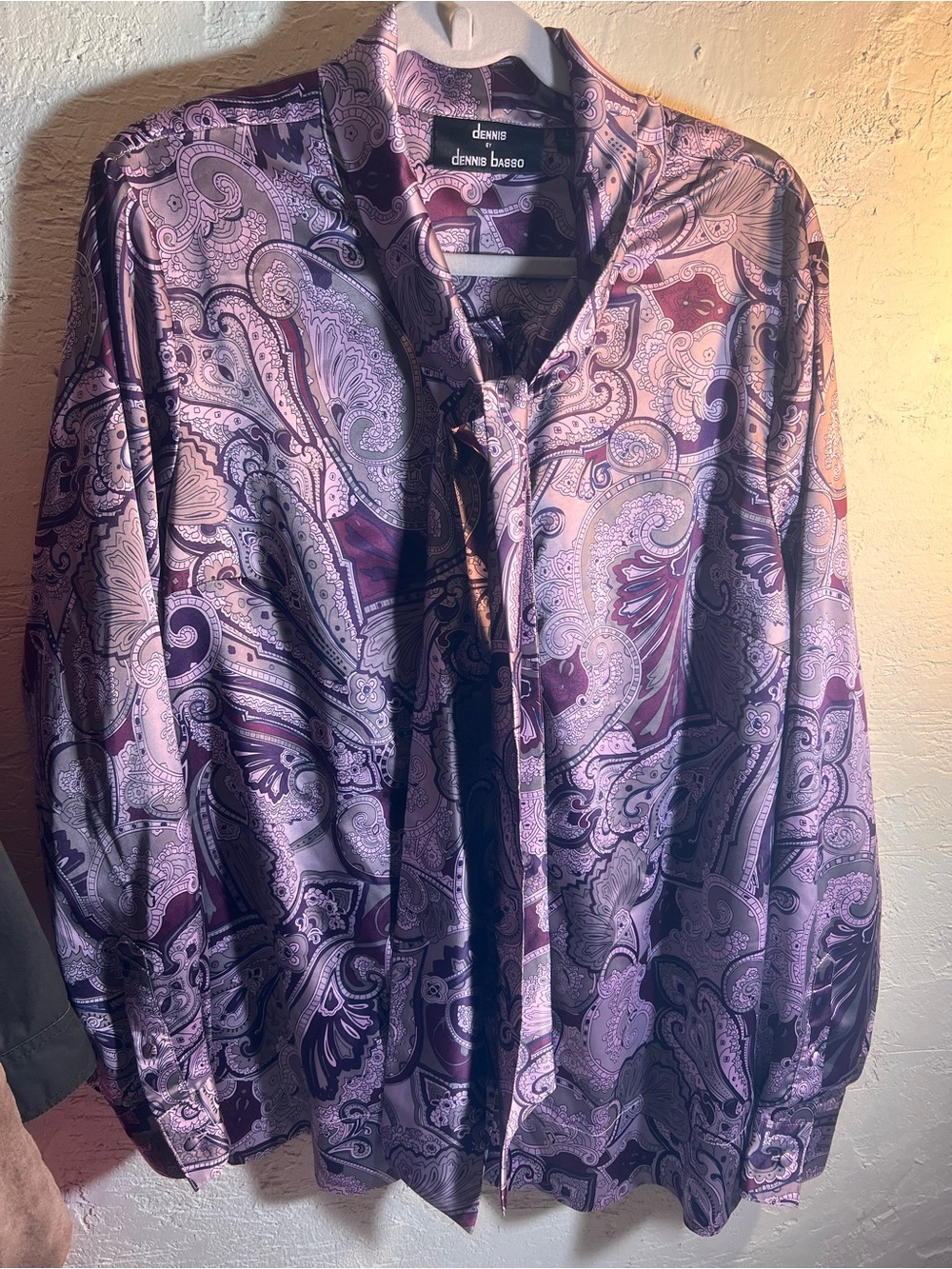 dennis basso Purple Paisley Satin Tie-Neck Blouse